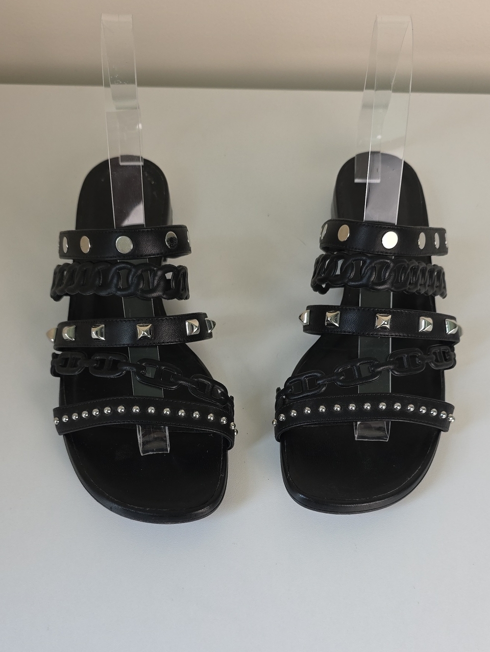Hermes Black Studded Chain-Strap Slide Sandals.  Size 38.  US Size 7 1/2